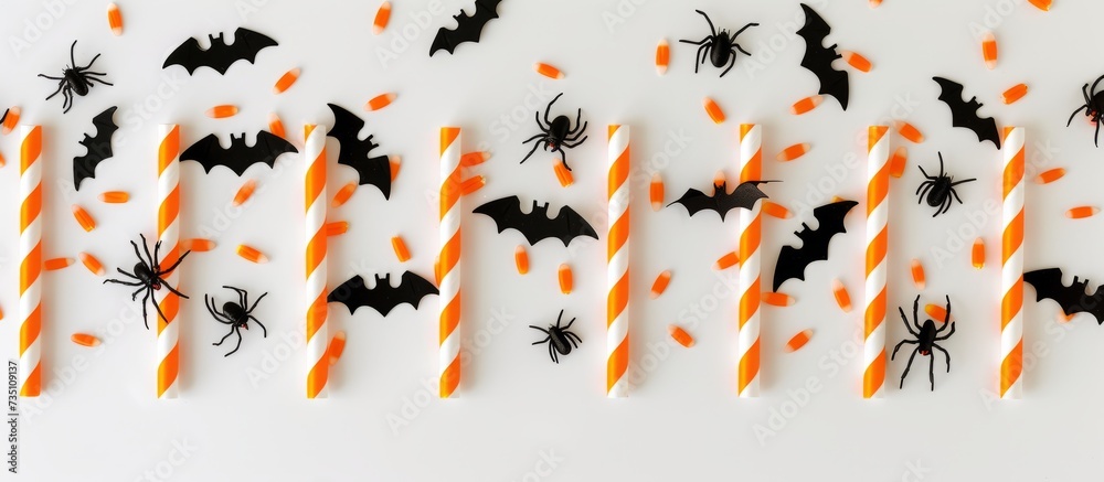 Fototapeta premium Festive Halloween candy sticks arranged with spooky bats, spiders and cobwebs for seasonal treats and decorations