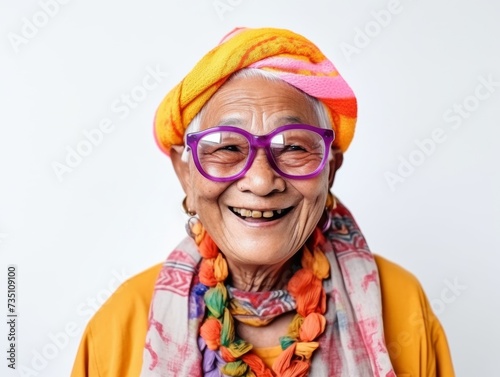 Close-up of a cheerful elderly Asian woman with glasses, radiating warmth and happiness.