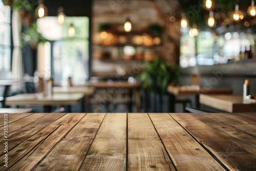 Empty wooden table with restaurant blur background. Generative AI