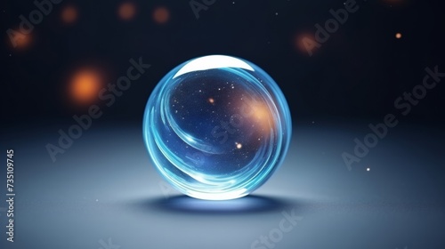 Fototapeta Naklejka Na Ścianę i Meble -  A crystal ball with a galaxy theme inside it placed against a dark starry background.