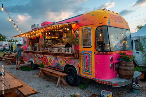 colorful food truck at an outdoor festival with cheerful people at wooden tables eating and drinking.
