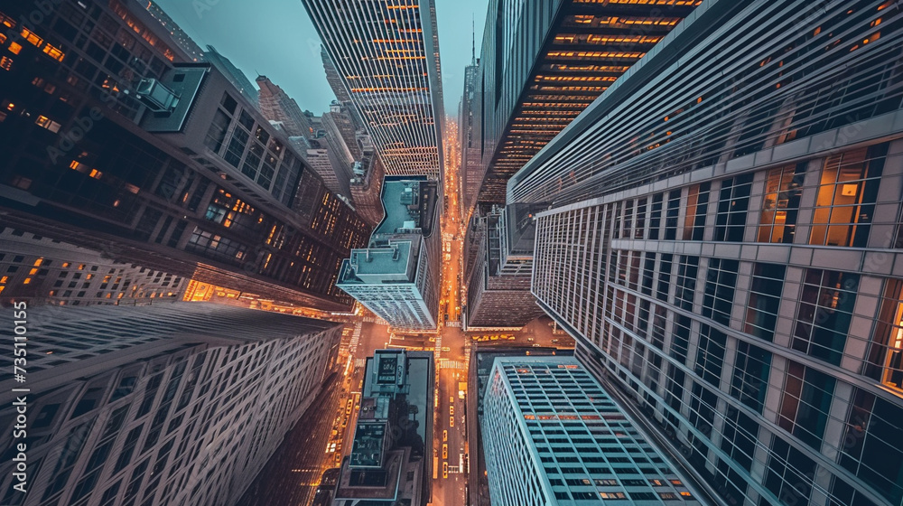 Fototapeta premium Vertical Perspective: Use a drone or aerial photography to capture the empty roof space from a high vantage point, showcasing the towering skyscrapers from above and creating a dynamic sense of scale.