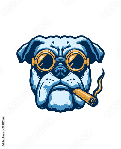 Bulldog wearing glass and smokes a cigar artwork hand drawn illustration