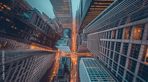 Vertical Perspective: Use a drone or aerial photography to capture the empty roof space from a high vantage point, showcasing the towering skyscrapers from above and creating a dynamic sense of scale.