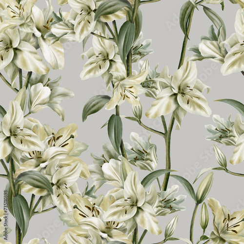 Watercolor seamless pattern of white lilies on the grey background.Sage leaf color for for fabric,cards, flyers, poster, banner,stoles, wallpaper, furniture.