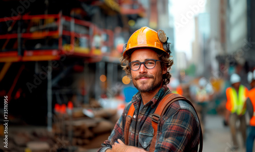 construction worker wearing a lumberjack shirt and safety helmet on a construction site in the background out of focus.