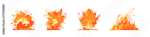 set of burning fire and explosion, fast move trace, splashes, and smoke comic game effect illustration