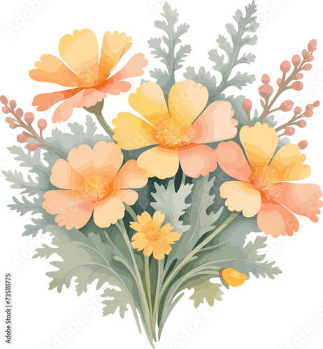 Bunch of peach and yellow flowers illustration isolated on transparent background png, pastel color design for birthday, greeting card, care, love, mother's day, teacher's day, grandma, spring, summer