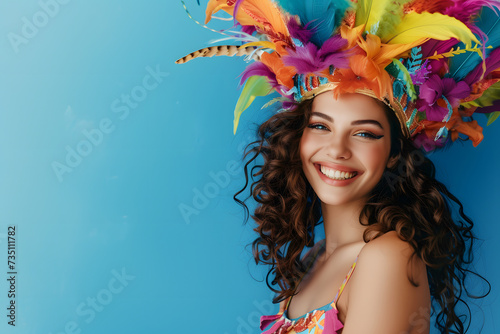 happy woman in carnival costume on blue background