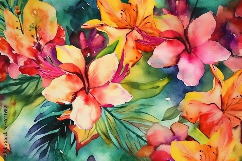 Pattern with vibrant tropical flowers painted in watercolor. Generative AI