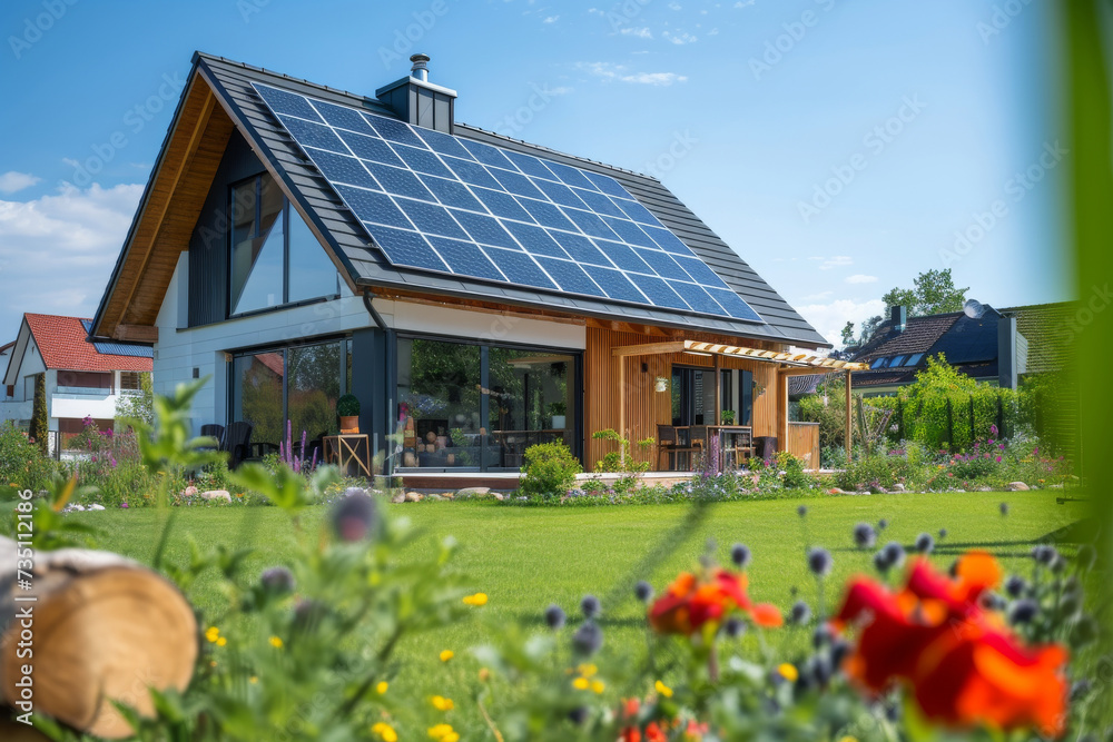 New modern eco friendly passive house with a photovoltaic system on the ...