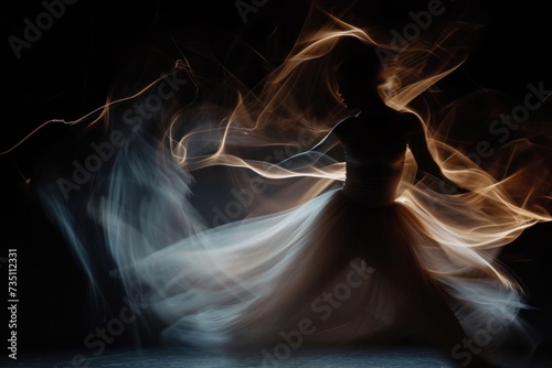 a silhouette of a woman dancing in a dark room with smoke coming out of her dress