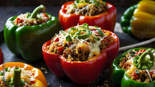 Southwestern quinoa-stuffed bell peppers topped with melted pepper jack cheese.