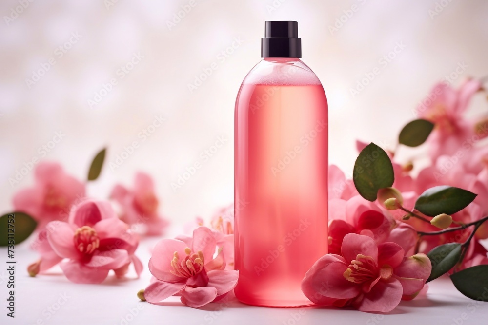Delicious floral Shampoo with drops on the background, flying objects Delicious floral Shampoo with drops on the background, flying objects
