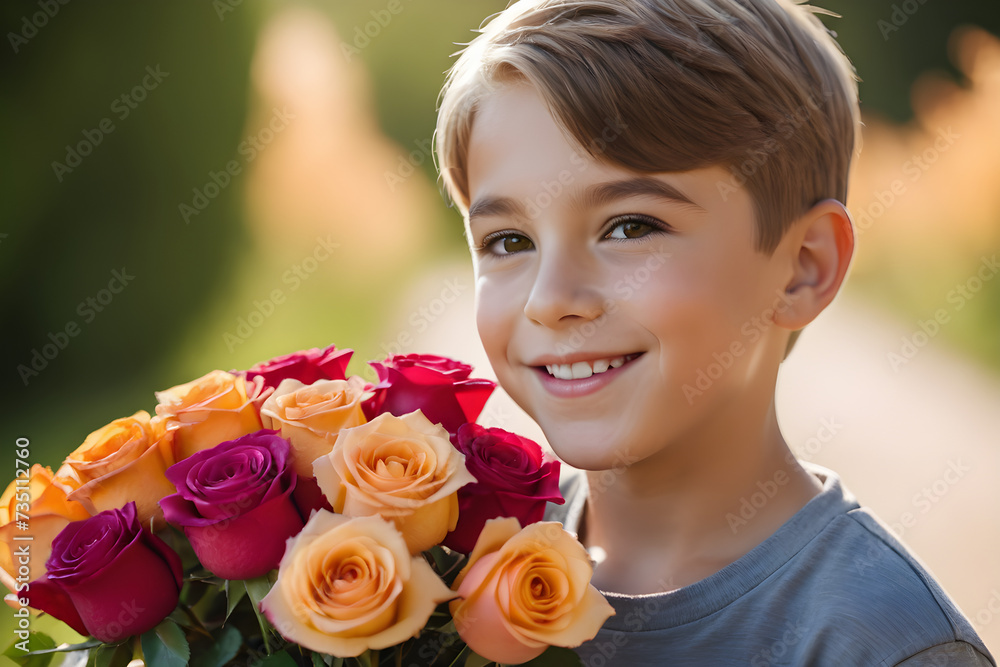 A boy smiling with a bouquet of roses. Generative AI