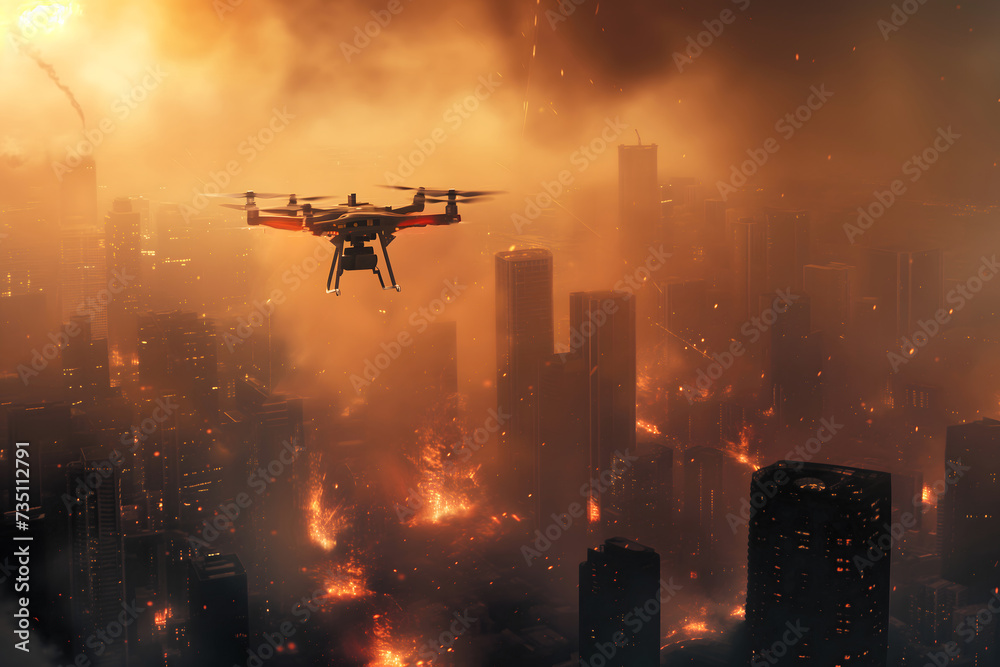 Copter drone over burning city Copter drone over burning city