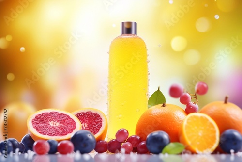 Delicious Fruit Shampoo with drops on the background