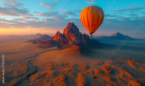 Hot air balloon during sunrise over the Namib Desert in Namibia. Sunbeams shine over the hills and mountains. © Tjeerd