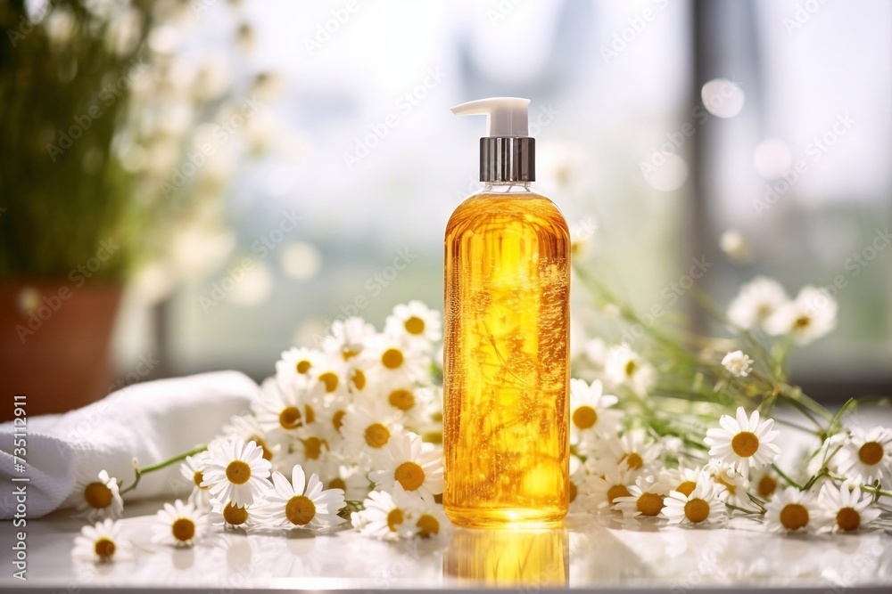 Delicious refreshing chamomile Shampoo with drops on the background. Beautiful design of advertisement of cosmetic products for catalog, magazine Delicious refreshing chamomile Shampoo with drops on the background. Beautiful design of advertisement of cosmetic products for catalog, magazine