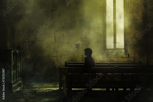 man sitting on the bench in church confessing photo