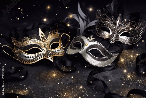 Venetian black, gold and white masks on dark silver glitter background. New year, Christmas, Purim, Mardi Gras party celebration design banner. Carnival masquerade costume ball