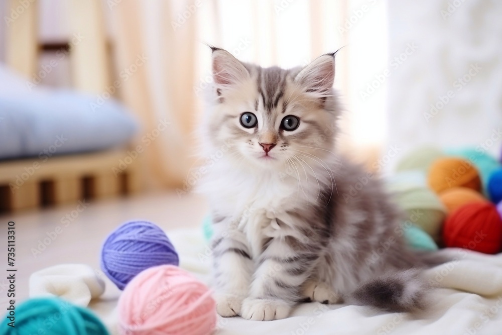 White striped kitten sitting next to a basket ball of yarn in the interior White striped kitten sitting next to a basket ball of yarn in the interior