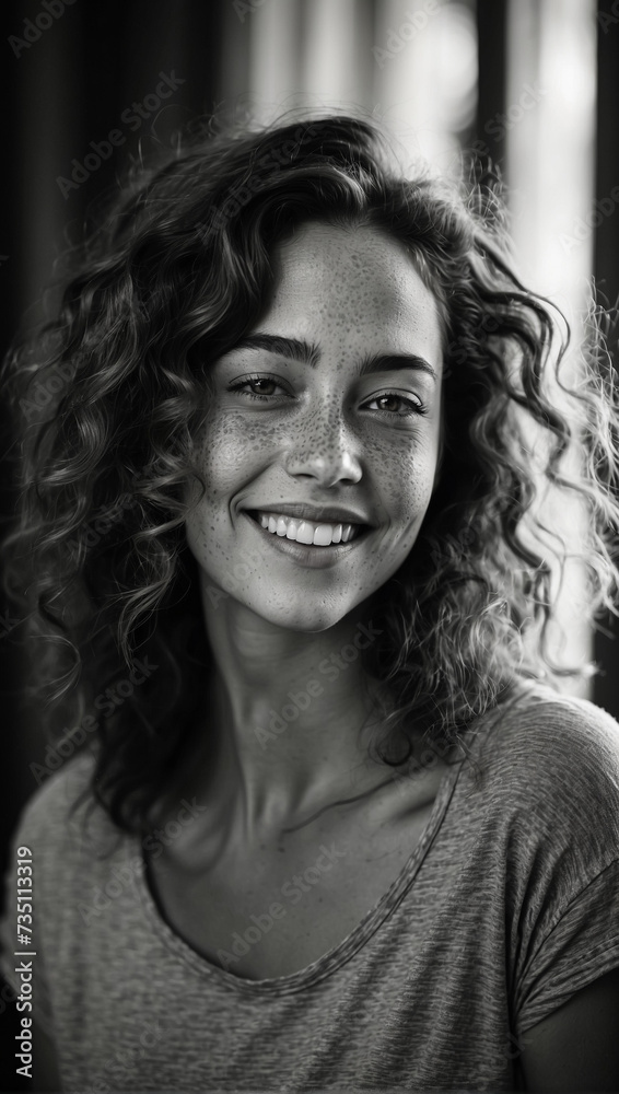 Beautiful smiling woman with curls and freckles. Black and white photo Beautiful smiling woman with curls and freckles. Black and white photo