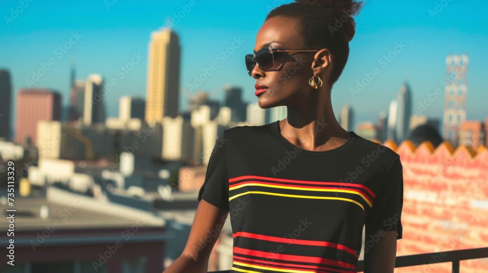 A sleek 3D printed top with personalized stripes in the colors of the wearers flag. This stylish and patriotic look is ideal for a fashion event in a diverse and thriving