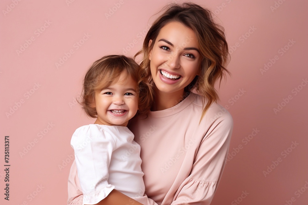 Woman in light clothes have fun with cute child baby girl. Mother, little kid daughter isolated on pastel pink wall background, studio portrait. Mother's Day love family, parenthood childhood concept Woman in light clothes have fun with cute child baby girl. Mother, little kid daughter isolated on pastel pink wall background, studio portrait. Mother's Day love family, parenthood childhood concept