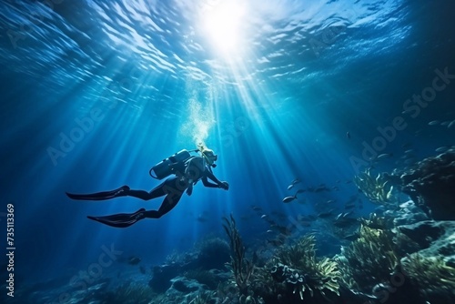 Beautiful free diver woman glides with fins underwater. Freediving in the tropical blue ocean