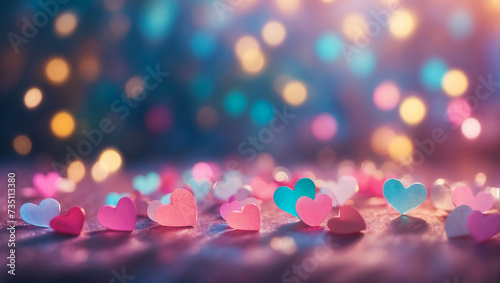 Beautiful multicolored bokeh with hearts. Pastel background. Free space for text