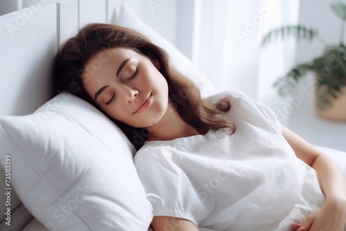 Beautiful woman Resting On White Pillow Sleeping In Bed