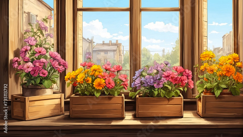 Petunias and marigolds in wooden pots on the windowsill