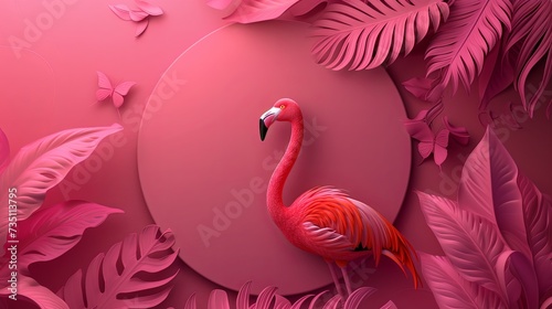 Neon tropical leaves around the circle, empty space in the center, pink flamingo and pink leaves and pink butterfly and some pink tropical elements around the circle, on neon pink tones background.