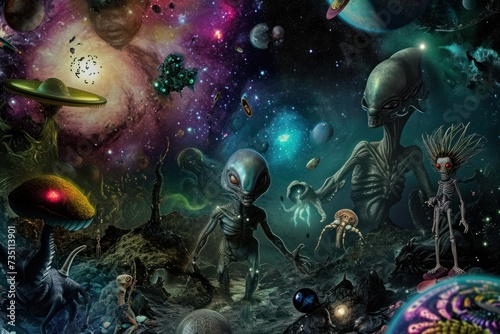a group of aliens are standing next to each other in a painting