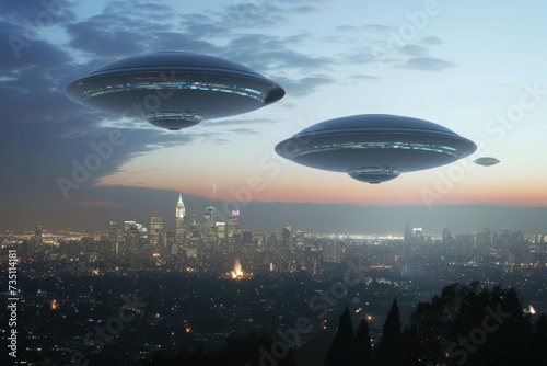 Two UFOs soar above city at night, piercing the dark sky with a mysterious glow