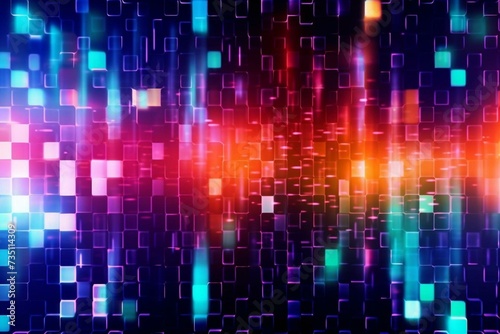 Colorful grid with blurred lines and spots, representing technology wireframe interlacement in virtual space. Suitable for business, science, and technology data banner. Generative AI photo