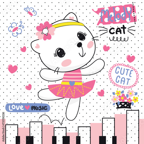 Happy cat girl in ballet costume dance on a piano on polka dot background illustration vector.
