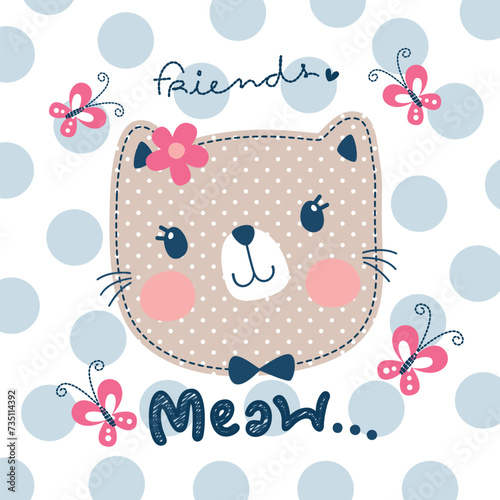 Happy cute cat girl with butterflies flying around on polka dot background illustration vector.
