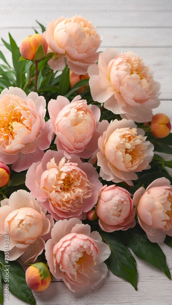 Delicate peach-colored garden peonies on white wooden background