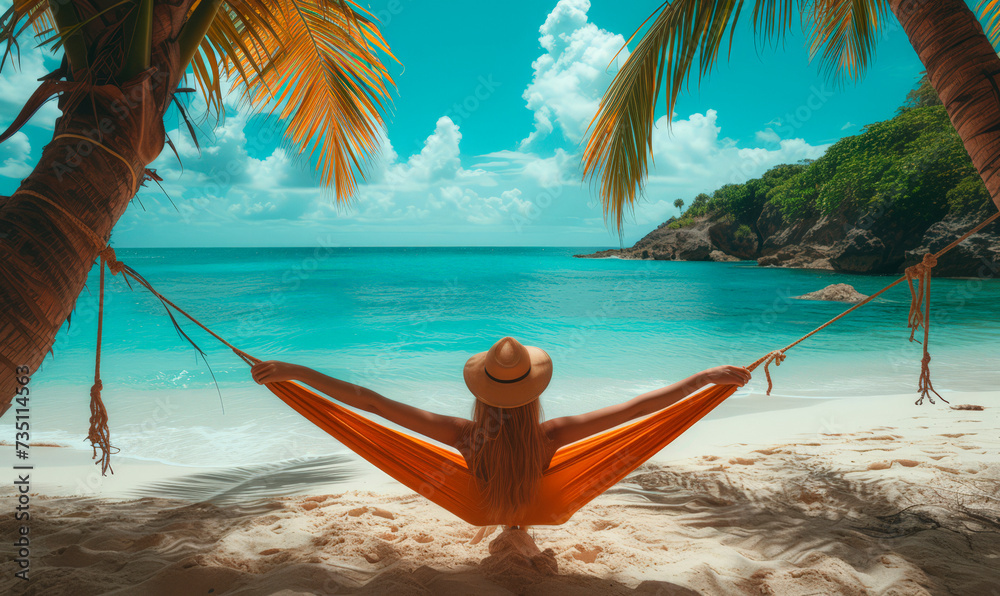 Happy beautiful girl in a straw hat and shorts, striped t-shirt, lying on a beach hammock between two palm trees, on the seashore of a tropical island.