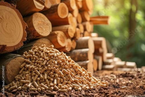 Stack of biomass wood pellets pile and woodpile on background