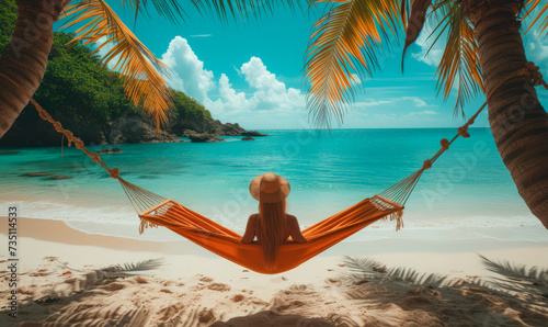 Happy beautiful girl in a straw hat and shorts, striped t-shirt, lying on a beach hammock between two palm trees, on the seashore of a tropical island.