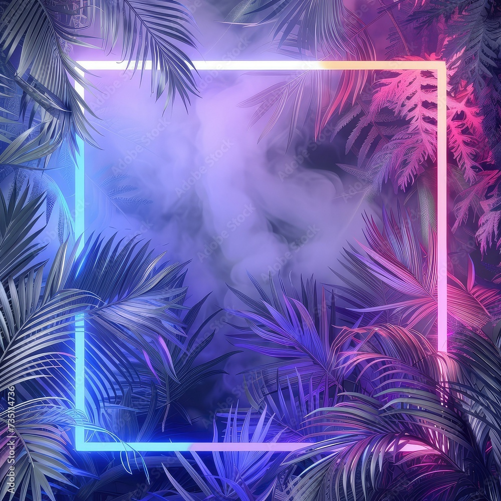 Palm tree with neon lightning square frames, abstract background.