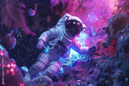 An astronaut floats in space amidst purple and electric blue lights © Anna