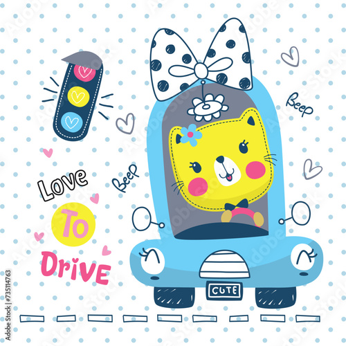 Happy cute cat girl in a blue car with bow on polka dot background illustration vector.