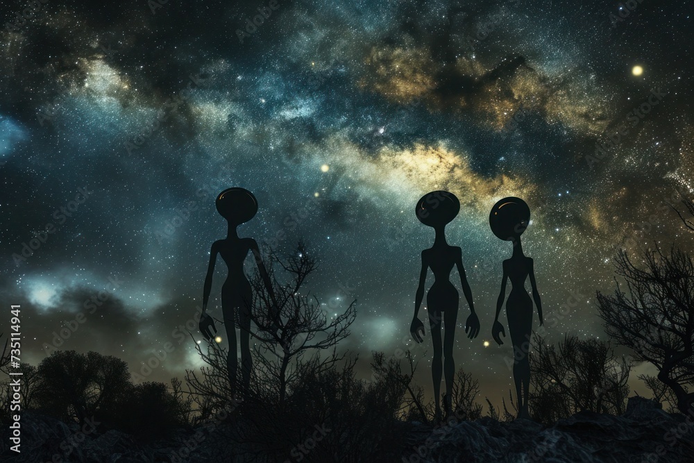Three aliens under midnight sky, surrounded by electric blue atmosphere