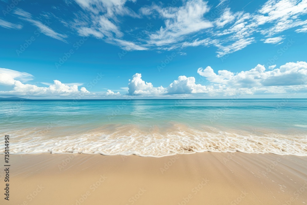Tropical beach panorama, sea view with a wide horizon, showing the beautiful expanse of sky filled with clouds meeting the sea and waves on the beach