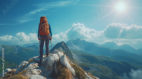 A climber on the top of mountain. A climber with all the equipment on the top of mountain. Tourism, adrenaline and extreme sports. Hiking or trekking. Adventure concept.