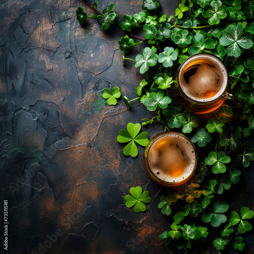 A bright background with clover leaves, Irish beer and a place for text or product. Festive background for St. Patrick's Day photo